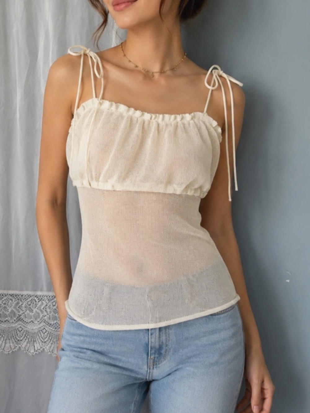 Sheer Tie-Strap Cami Tank Top - Cream